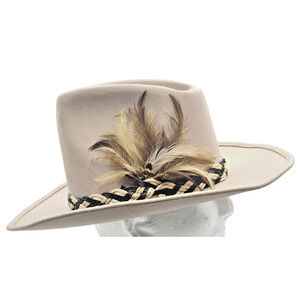 Vintage Hush Puppies Western Hat Size 7 3/8 Feather & Braid Band 100% Wool Beige
